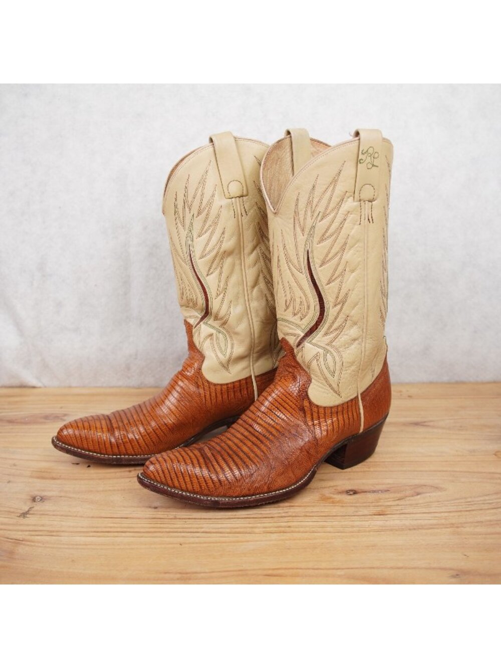 VTG Polo Western Ralph Lauren Lizard Boots Brown & Cream Leather Mens Sz 10.5 B